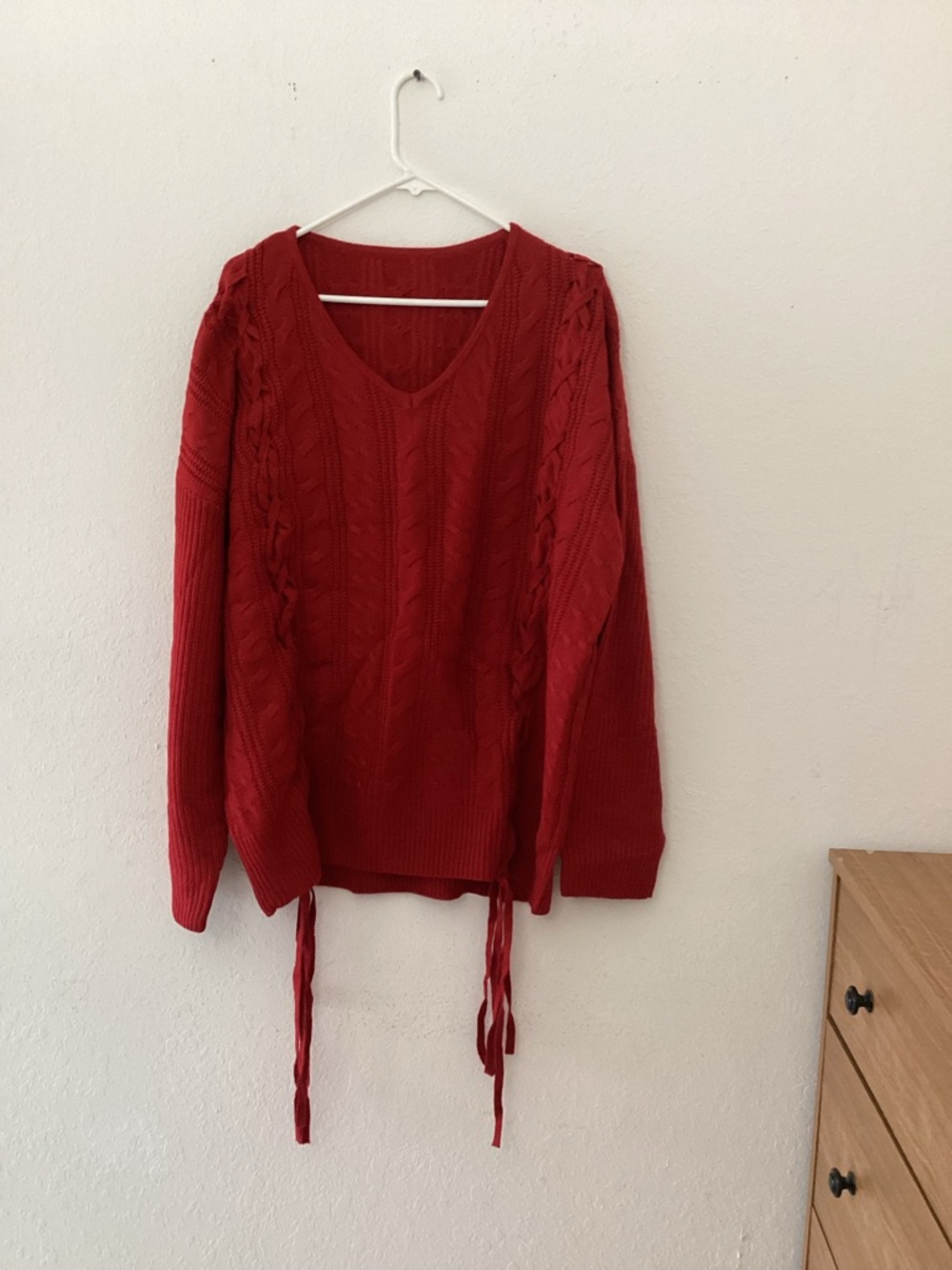 Red V-Neck Cable Knit Women's Sweater